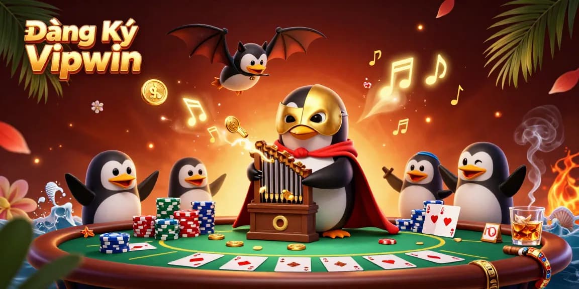 Engage in thrilling action with Đăng Ký Vipwin as cartoon characters amidst vibrant casino elements.