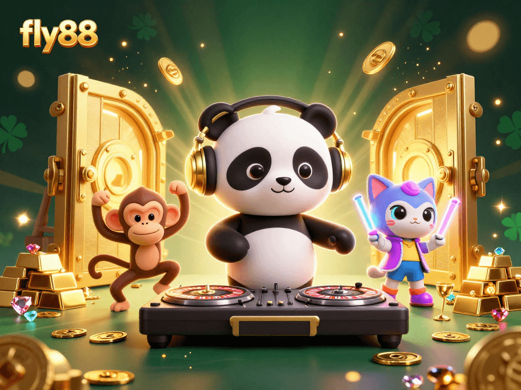 Experience thrilling gameplay with fly88's vibrant casino scene showcasing dynamic characters and elements.