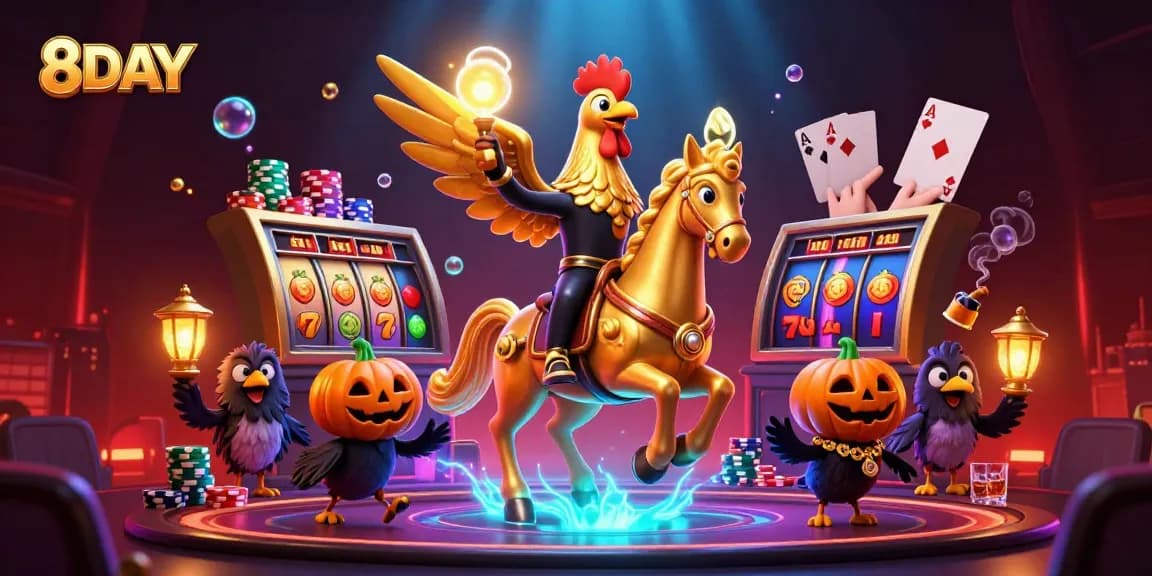 Experience exciting gaming at 8DAY with a golden rooster and slot reels in a vibrant casino scene.