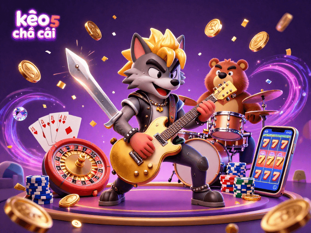 Engage with the kèo nhà cái 5 experience featuring a rock star wolf and drummer bear on a vibrant casino stage.