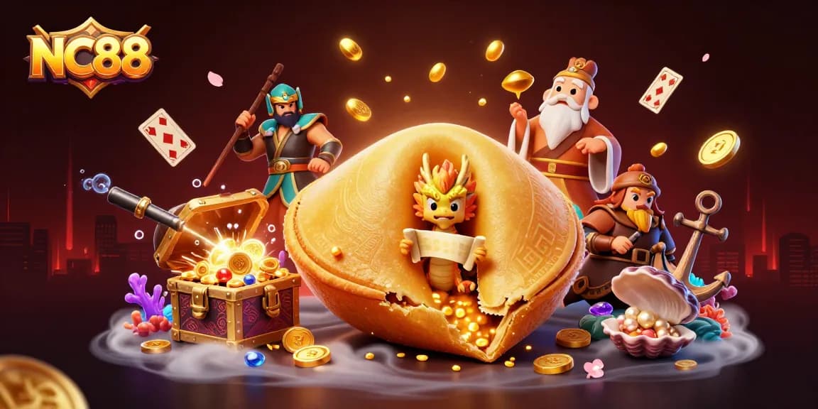 Play and win big at NC88, featuring a vibrant 3D scene with a golden fortune cookie and playful casino elements.