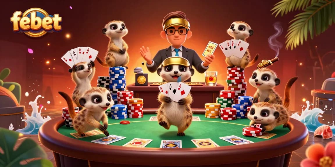 Experience fun and rewards at febet's vibrant casino scene with animated meerkats engaging in games.