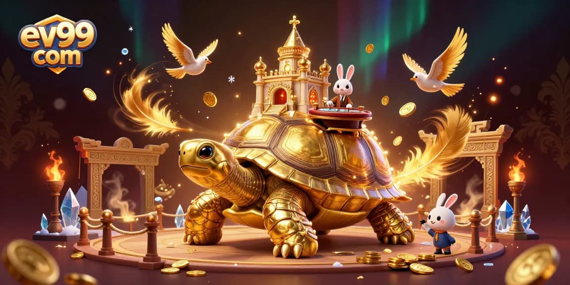 Win big with ev99 com featuring a gold tortoise casino and lively dealer scene.
