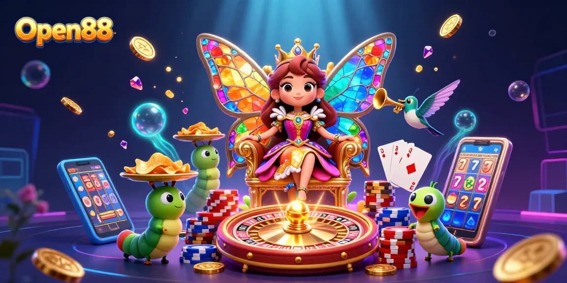 Experience thrilling gameplay at Open88 with vibrant 3D casino illustration featuring the butterfly queen and exciting elements.