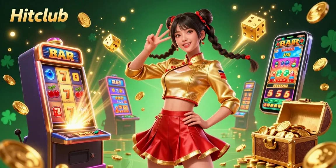 Experience the excitement of Hitclub with spinning slot machines and jackpot wins in this colorful casino scene.