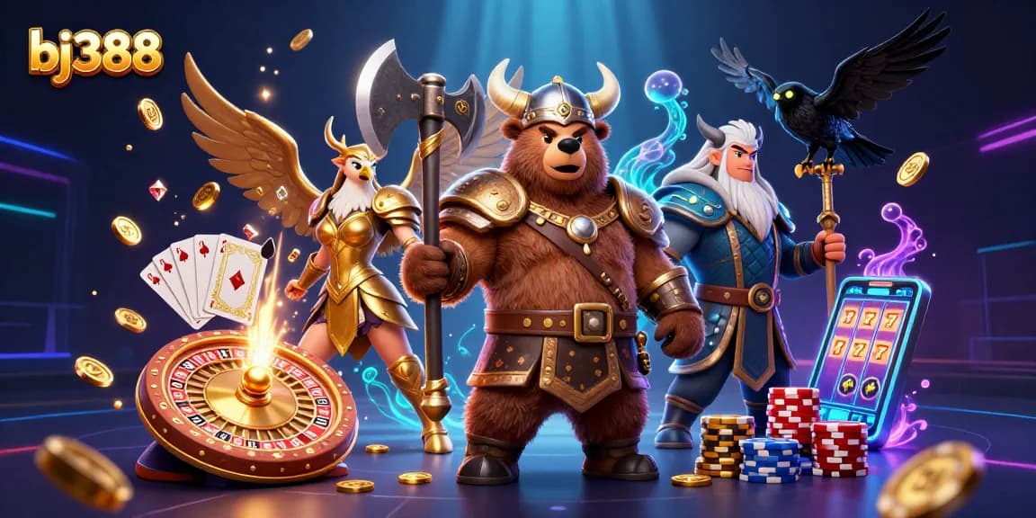 Experience the excitement of bj388 with a vibrant 3D casino scene filled with dynamic game elements and engaging characters.