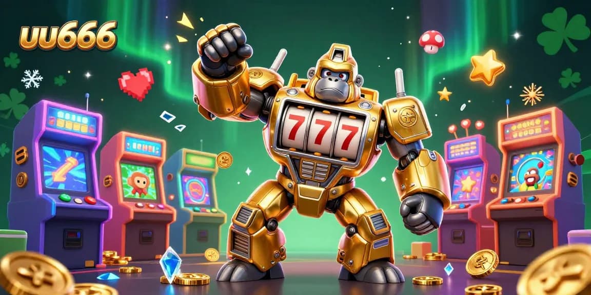Engage with uu666's golden gorilla mech in a vibrant casino gaming environment filled with sparkling elements.