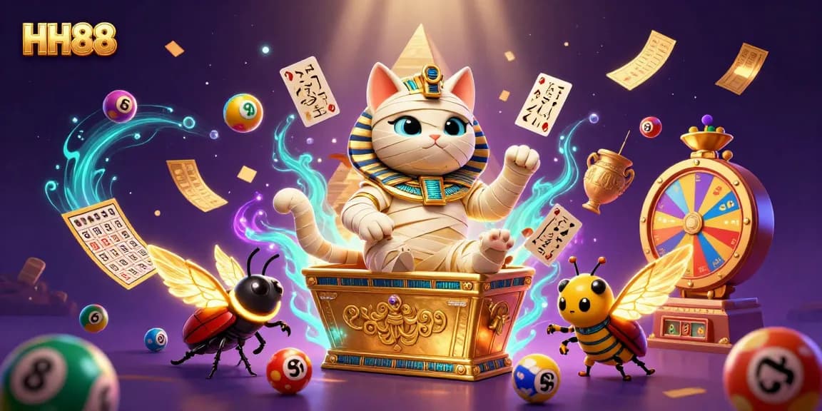 Experience the excitement of HH88 with vibrant lottery balls and a mummy cat bursting in a casino.