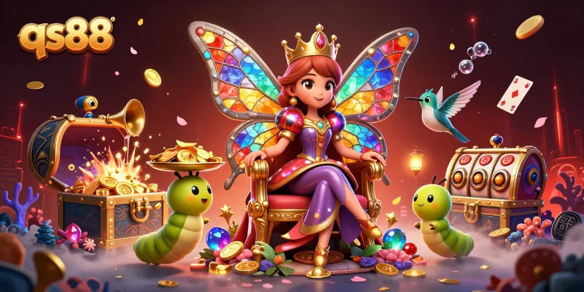 Engage in thrilling gameplay at qs88 with a captivating scene featuring a butterfly queen among treasure and game elements.