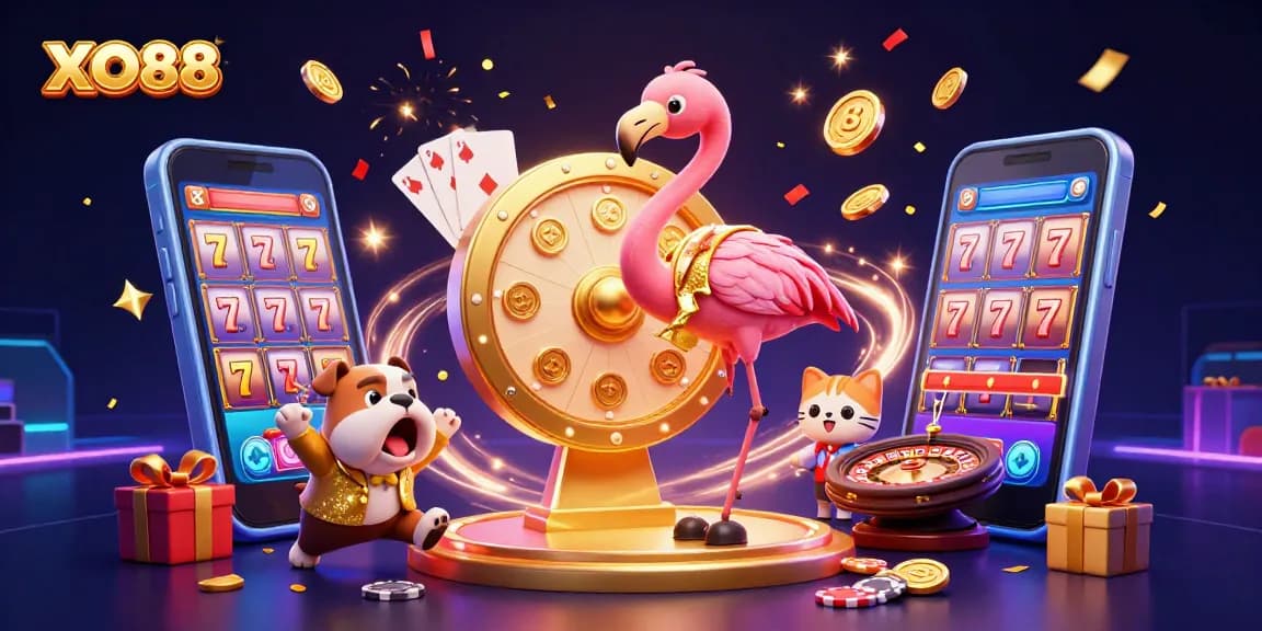 XO88 brings excitement with a flamingo game show host, a bulldog contestant, and a cat assistant amid vibrant slot game action.