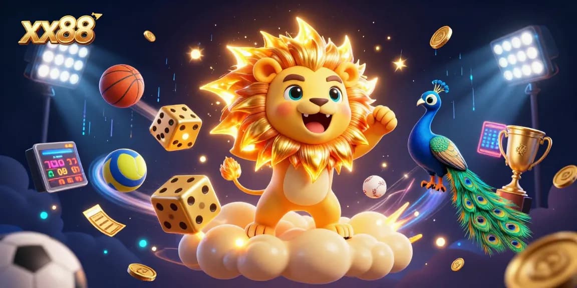 xx88 players engaging with golden dice, sports balls, and a vibrant casino atmosphere.