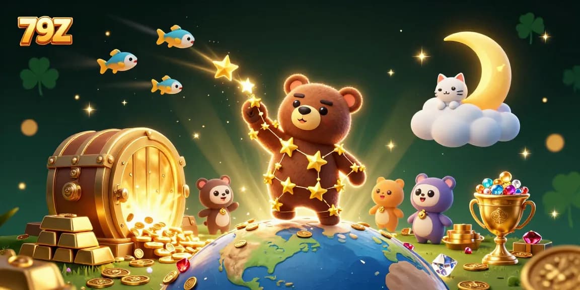 Engage with 79Z's vibrant gaming world featuring constellation bear and treasure in 3D