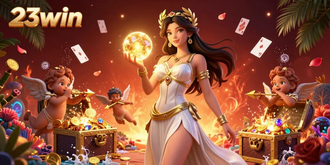 Experience the excitement at 23win with a vibrant casino scene filled with fortune symbols and glowing treasures.