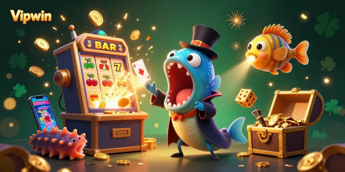 Win big at Vipwin with a thrilling 3D casino magic scene featuring card tricks and sparkling treasures.