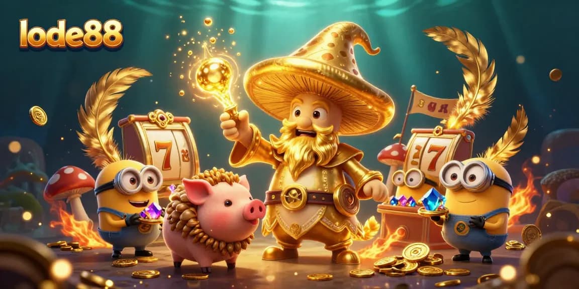 Join the magic of lode88 with a wizard, pig, and jewels in a dynamic casino scene.