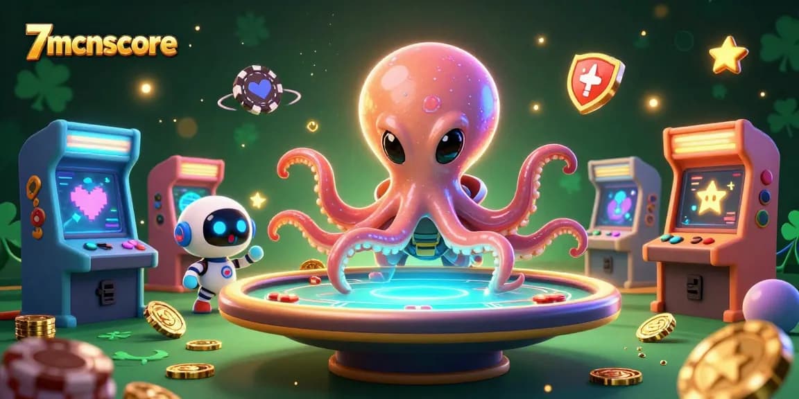 Engage in exciting gameplay at 7mcnscore with our vibrant 3D casino scene featuring alien octopus characters.