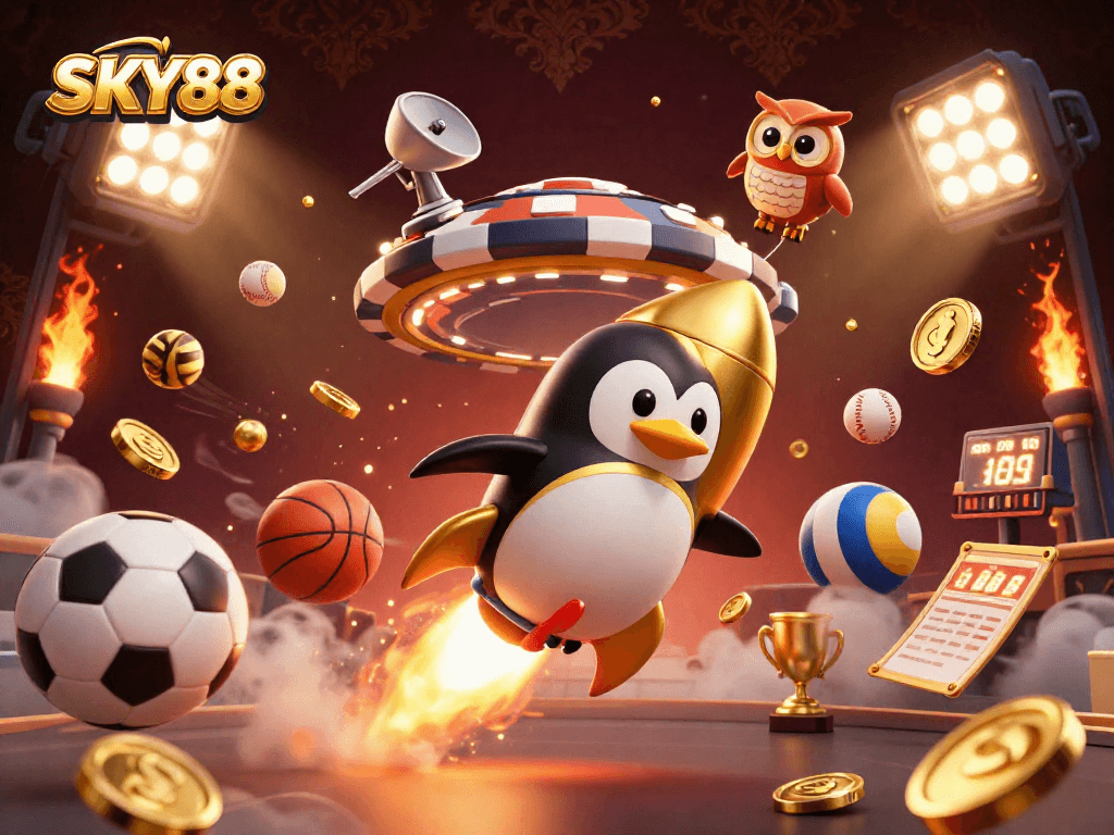Join the exciting world of SKY88, where a golden penguin races through a casino-themed space!