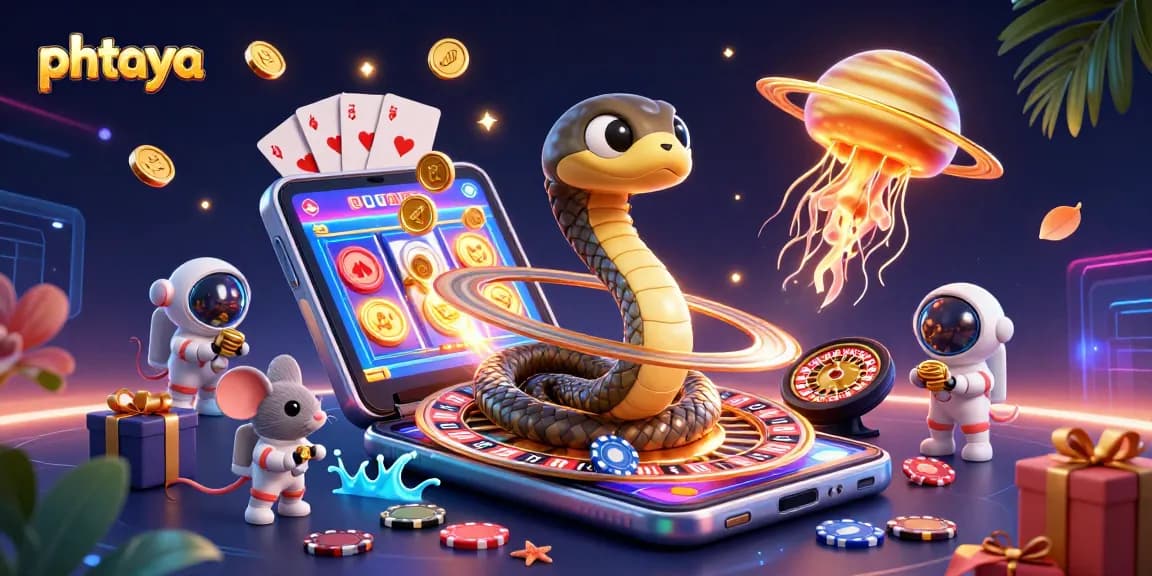 Experience thrilling bets at PHTAYA with astronaut mice and a cosmic dealer in this vibrant casino scene.