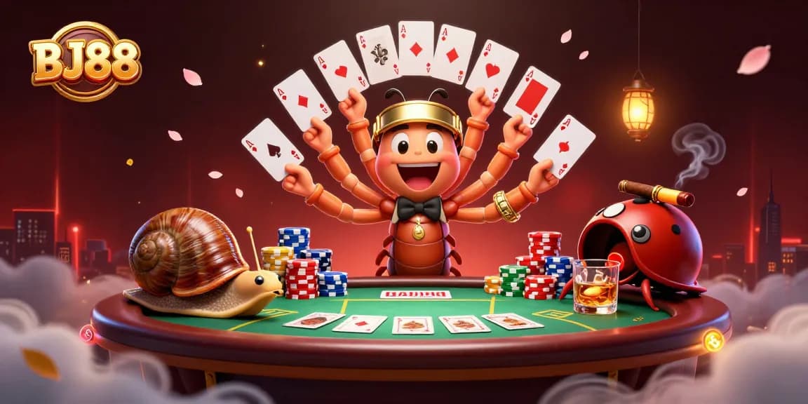 Engage in thrilling action at BJ88 with a vibrant 3D illustration of a millipede dealer and high-roller characters.