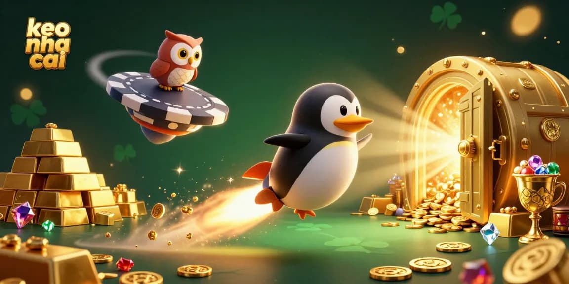Bet on keo nha cai with a golden penguin and treasures in a dynamic casino space scene.