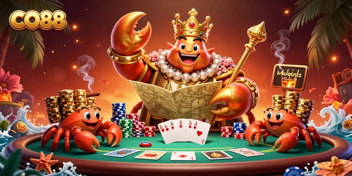 Experience the thrilling CO88 casino adventure with a golden crab emperor and vibrant poker elements.