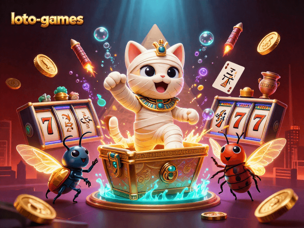 Join the loto-games experience with a vibrant, dynamic casino scene featuring a whimsical Egyptian mummy cat and magical elements.