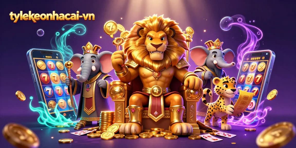 Engage with the exciting world of tylekeonhacai-vn featuring a lion king, elephant advisor, and cheetah messenger.