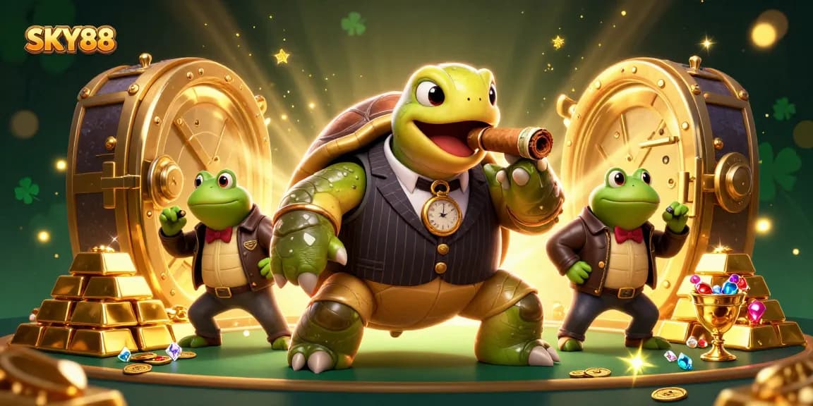 SKY88 presents an exciting scene with a mobster turtle and enforcers in a vibrant casino atmosphere.