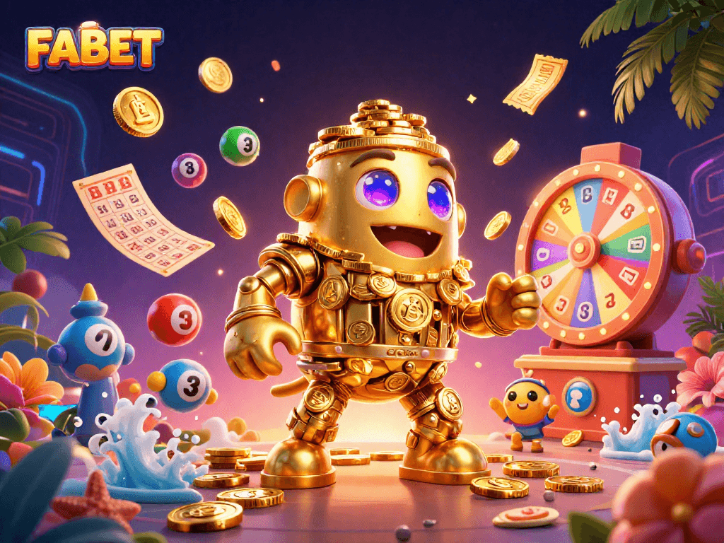 Engage with FABET's exciting gaming experience featuring a dynamic golden golem amidst casino elements.