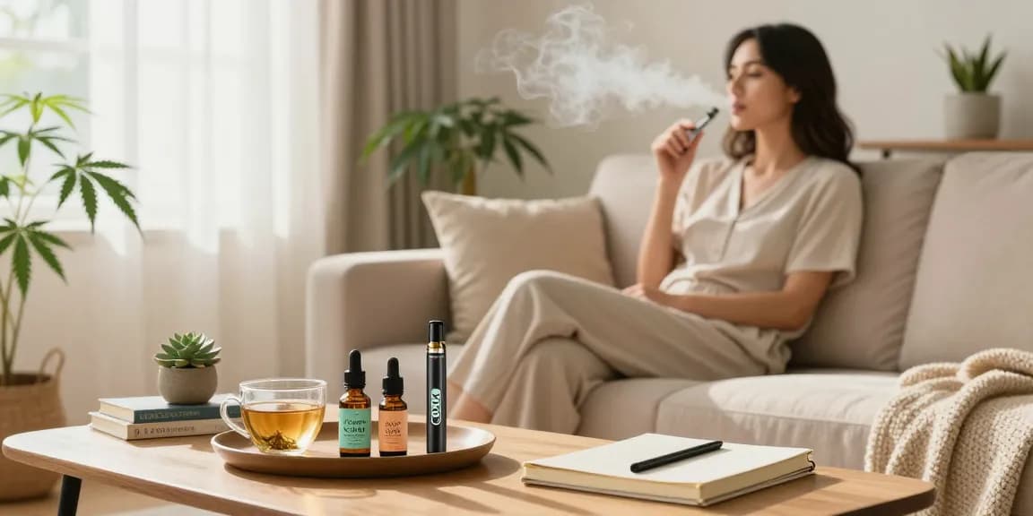 THC vape juice used in a calming wellness routine with CBD tinctures in a serene living room.
