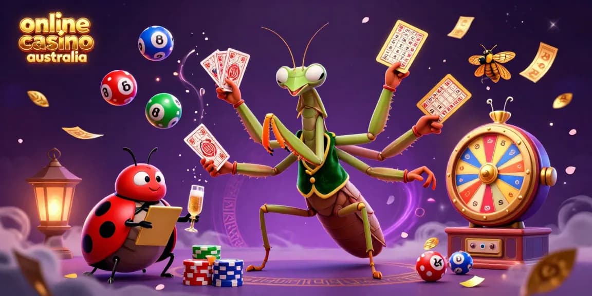 Engage in the vibrant scene of an online casino Australia with a 3D mantis dealer, vibrant lottery elements, and rich decorations.