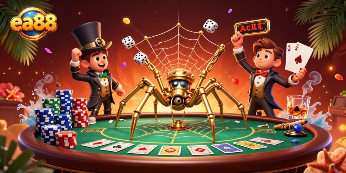ea88 themed illustration with a steampunk spider weaving a web of poker chips and golden chains.