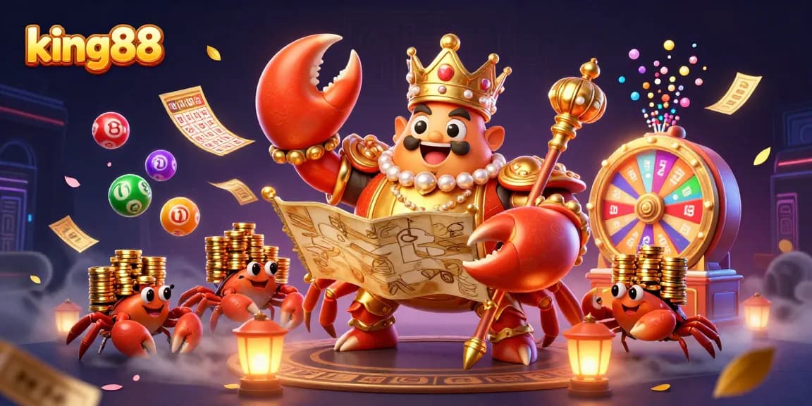 Experience the vibrant excitement of king88 with the golden crab emperor amidst a treasure-filled gaming scene.