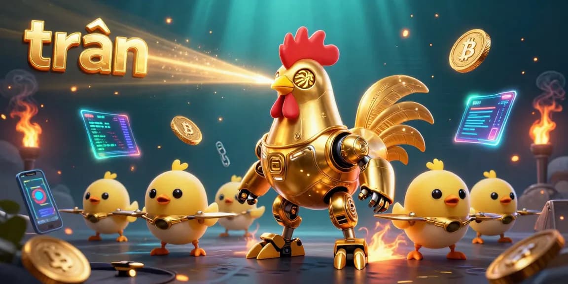 Bet on trần with a vibrant cartoon scene of a robot rooster and baby chicks amidst crypto symbols.