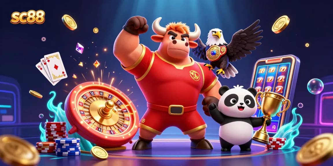 Experience thrilling wins with the sc88 casino featuring a bull mascot, eagle, and panda.