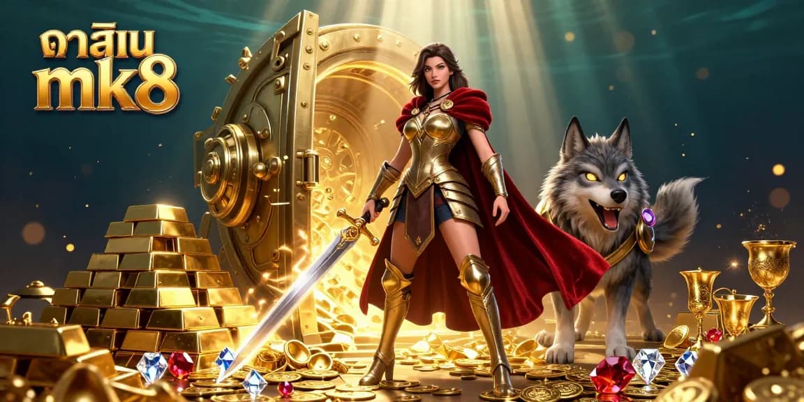 Experience excitement at คาสิโน mk8 with a dynamic 3D scene showcasing an armored warrior queen and treasure.
