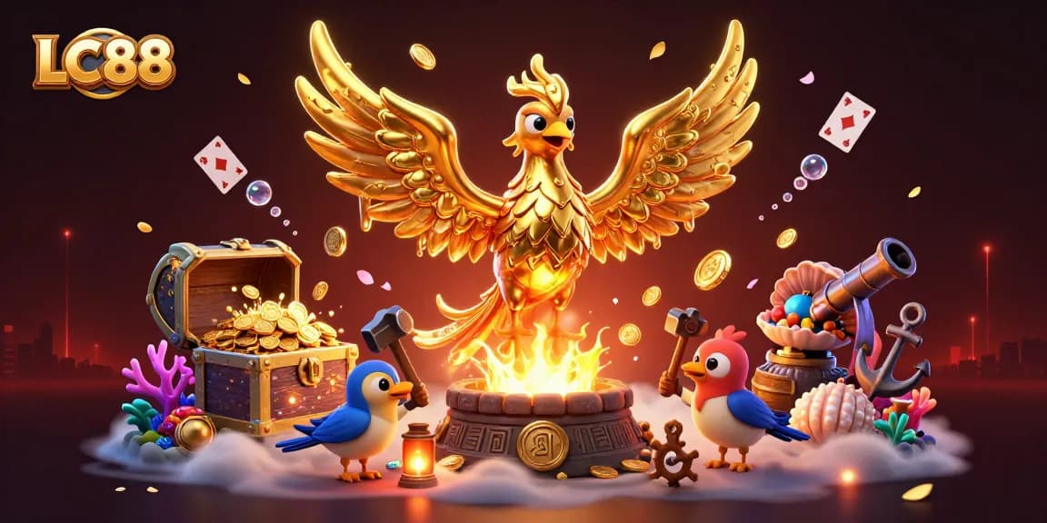 Experience the thrill of LC88 with a molten phoenix and treasures from the casino world.