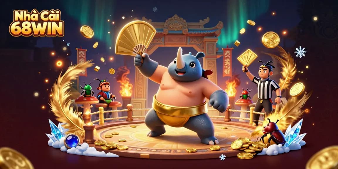 Experience the thrill of Nhà Cái 68WIN with a captivating sumo beetle champion amid flying coins and vibrant game elements.