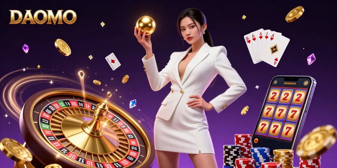 Winning at DAOMO with immersive casino experience featuring a stunning Asian dealer and vibrant game elements.