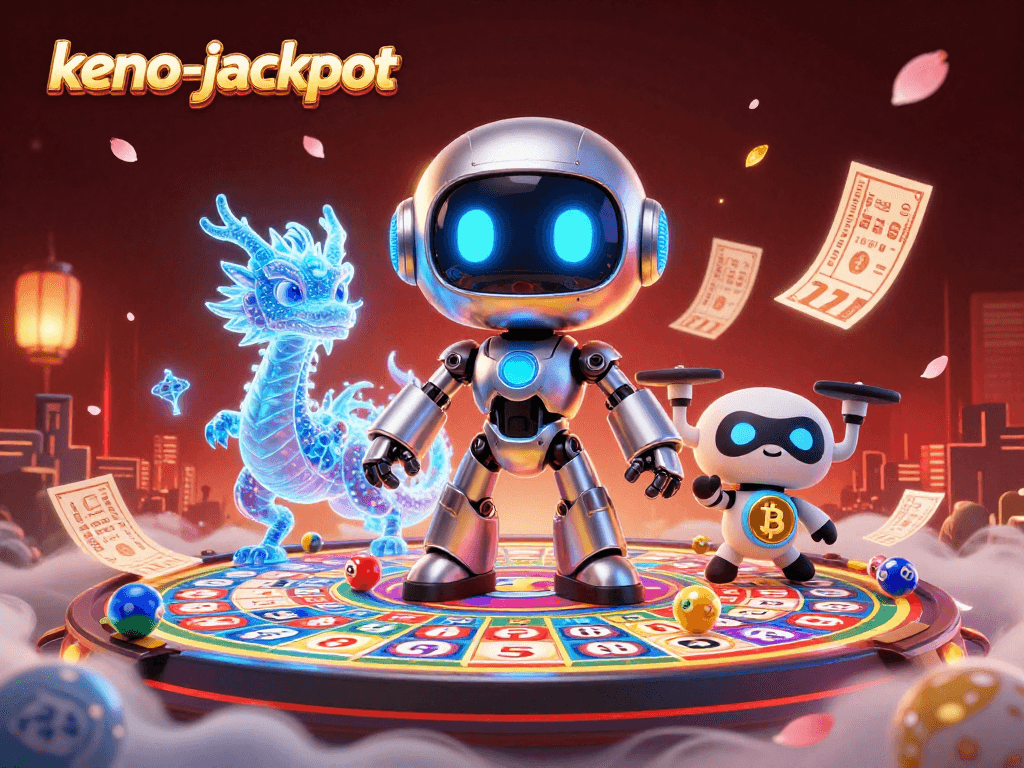 Engage with the keno-jackpot experience in this vibrant, dynamic 3D illustration featuring advanced gaming elements.