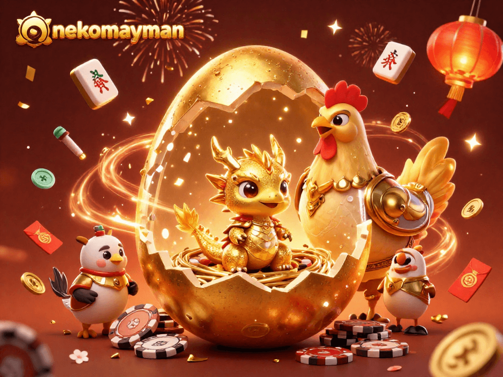 Join the excitement at nekomayman with a golden dragon and poker chips, surrounded by festive elements!