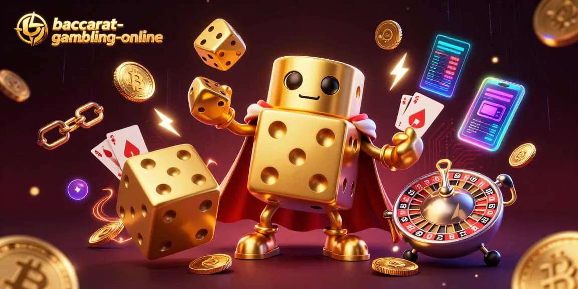 Baccarat-gambling-online showcases a vibrant scene with a golden dice golem, juggling dice surrounded by crypto elements.