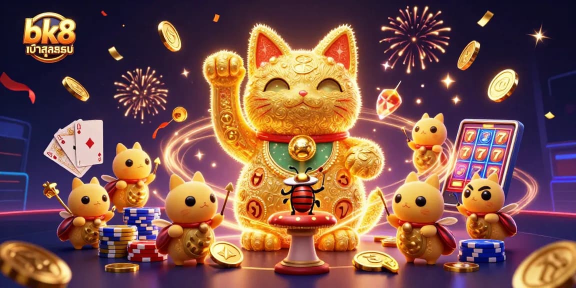 Win big with bk8 เข้าสู่ระบบ featuring a lucky cat and casino elements in a vibrant scene.