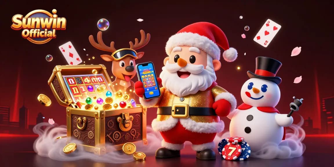 Santa celebrating winnings at Sunwin Official with jackpot slots and festive characters.