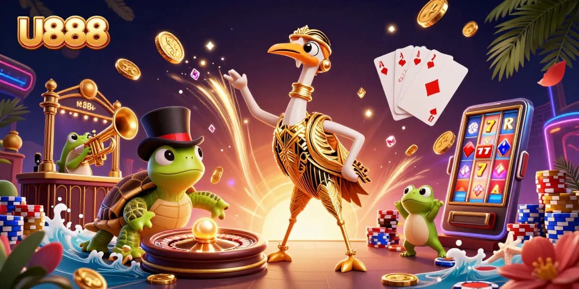 Engaging U888 casino illustration with unique characters and vibrant gaming elements.