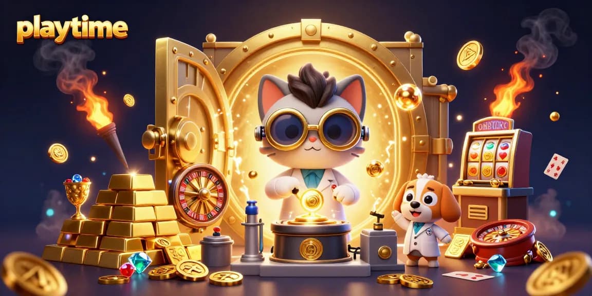 Experience thrilling playtime at the casino with vibrant 3D cartoon characters surrounded by golden treasures and gaming elements.