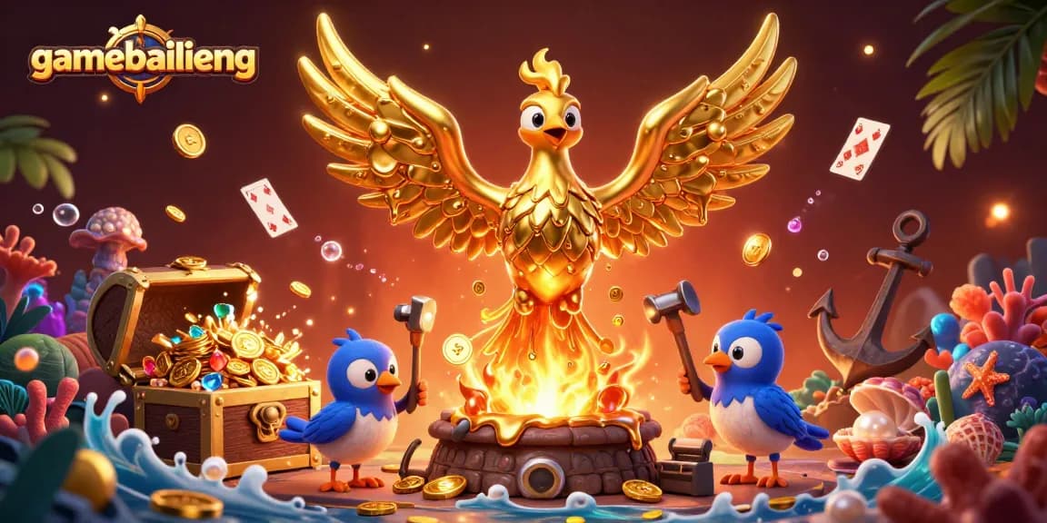 Engage in thrilling gameplay with gamebailieng as molten gold emerges from a phoenix, symbolizing luck.