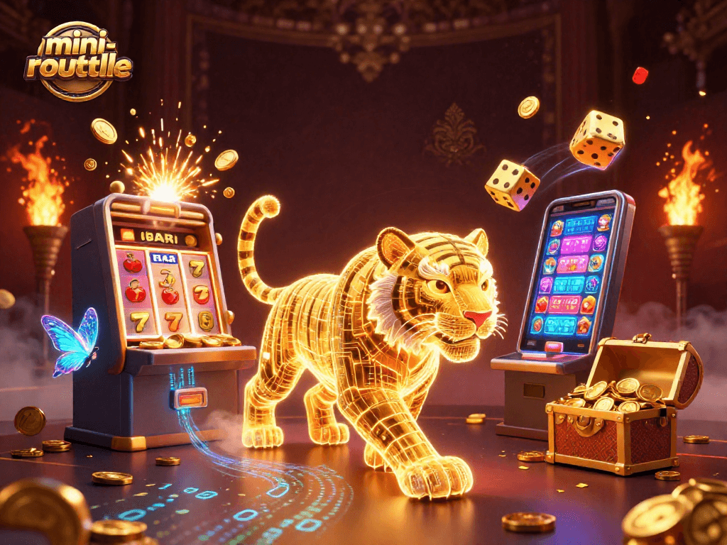 Experience the excitement of mini-roulette with a vibrant scene featuring a golden tiger and dynamic casino elements.