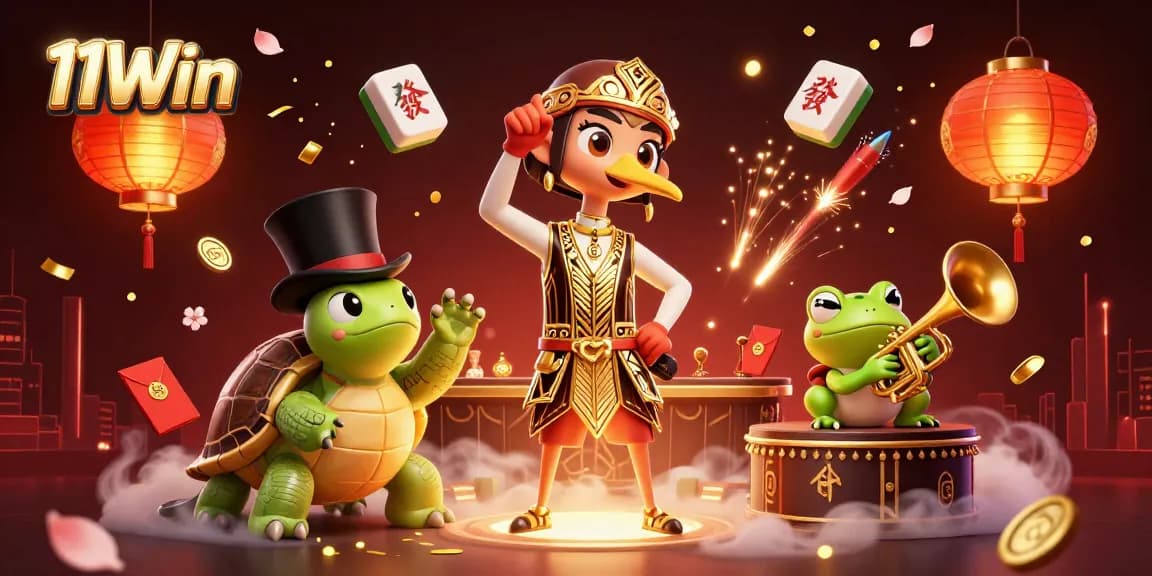 Experience thrilling fun with 11Win's dynamic casino game elements, including festive decorations and vibrant characters.