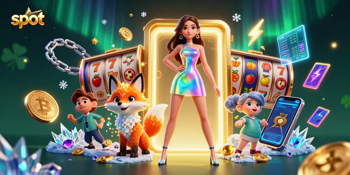 Spin the slot reels and win big prizes with our vibrant casino-themed illustration featuring a stylish woman and digital fox.